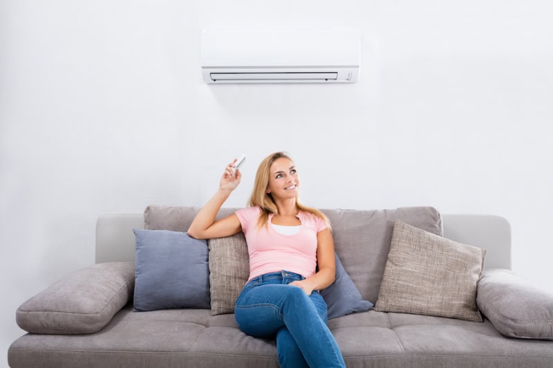 Young Happy Woman Sitting On Couch Operating Air Conditioner With Remote Control At Home.