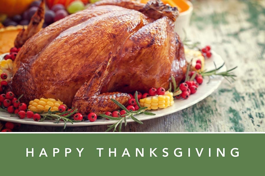 Image of a ooked Thanksgiving turkey that says "Happy Thanksgiving" just below it.